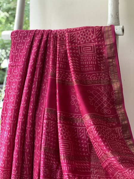 MAGENTA HAND BLOCK PRINT CHANDERI SILK COTTON SARI