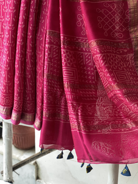 MAGENTA HAND BLOCK PRINT CHANDERI SILK COTTON SARI