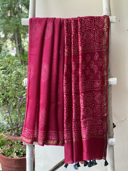MAGENTA HAND BLOCK PRINT CHANDERI SILK COTTON SARI