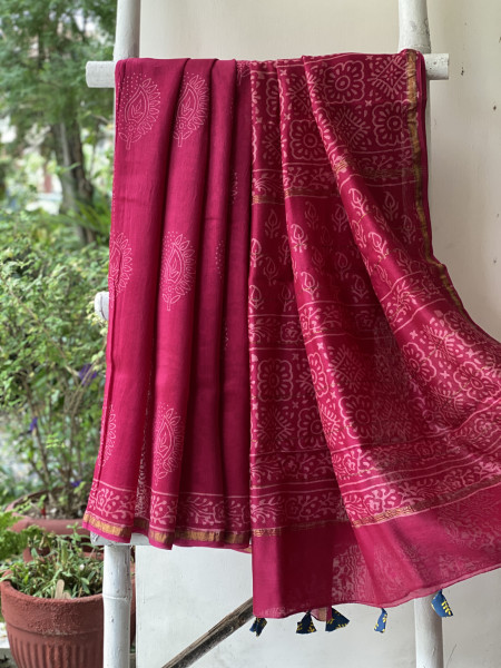 MAGENTA HAND BLOCK PRINT CHANDERI SILK COTTON SARI