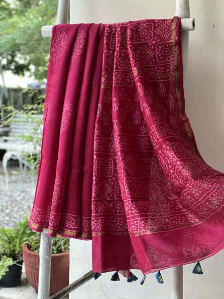 MAGENTA HAND BLOCK PRINT CHANDERI SILK COTTON SARI