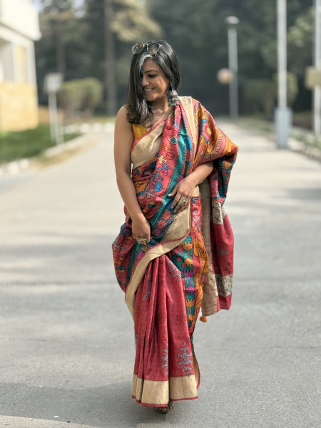 RED PRINTED KANTHA EMBROIDERED TUSSAR SILK SARI