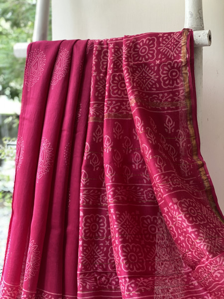 MAGENTA HAND BLOCK PRINT CHANDERI SILK COTTON SARI