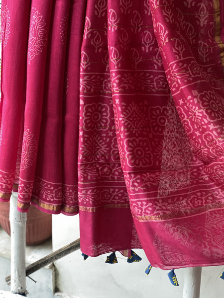 MAGENTA HAND BLOCK PRINT CHANDERI SILK COTTON SARI
