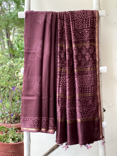 CHERRY HAND BLOCK PRINT CHANDERI SILK COTTON SARI