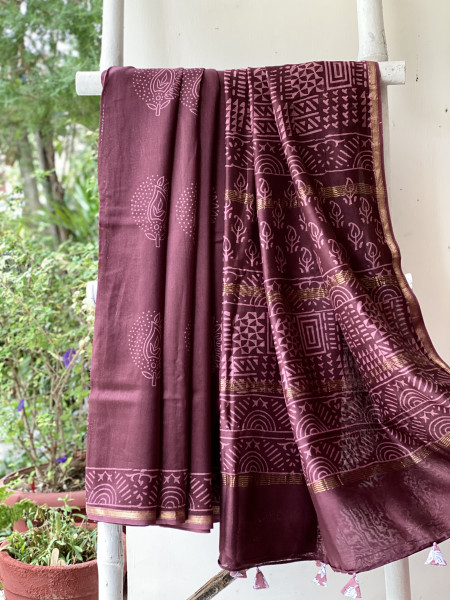 CHERRY HAND BLOCK PRINT CHANDERI SILK COTTON SARI