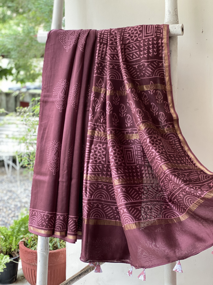 Image of CHERRY HAND BLOCK PRINT CHANDERI SILK COTTON SARI