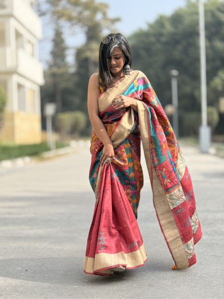 RED PRINTED KANTHA EMBROIDERED TUSSAR SILK SARI