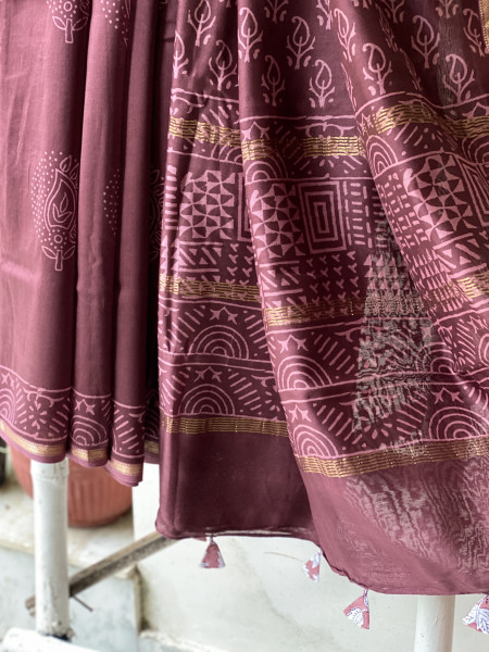 CHERRY HAND BLOCK PRINT CHANDERI SILK COTTON SARI