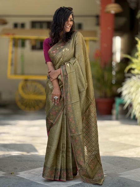 MEHNDI GREEN TUSSAR SILK EMBROIDERED SARI