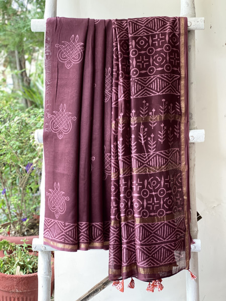 CHERRY HAND BLOCK PRINT CHANDERI SILK COTTON SARI