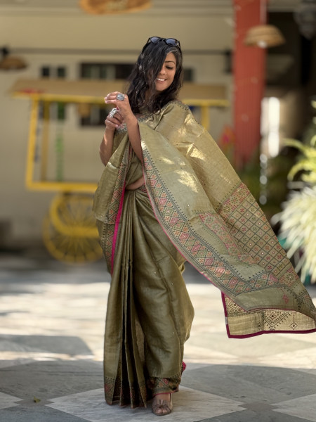 MEHNDI GREEN TUSSAR SILK EMBROIDERED SARI