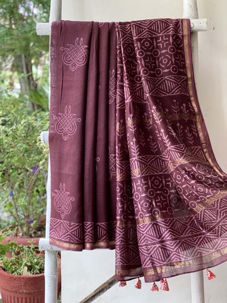 CHERRY HAND BLOCK PRINT CHANDERI SILK COTTON SARI