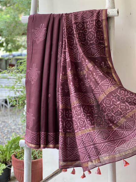 CHERRY HAND BLOCK PRINT CHANDERI SILK COTTON SARI