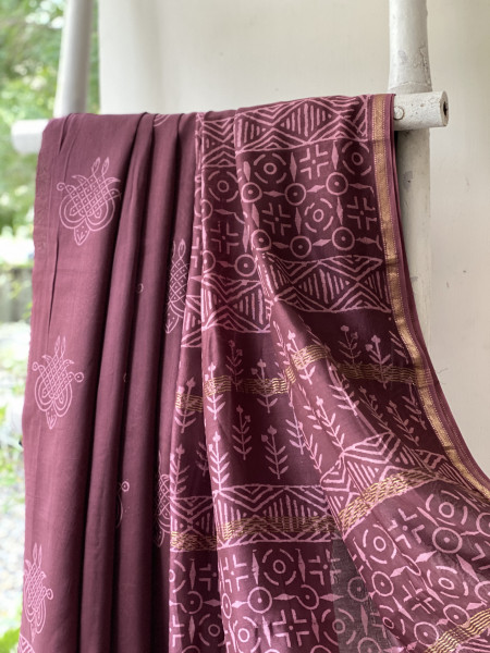 CHERRY HAND BLOCK PRINT CHANDERI SILK COTTON SARI