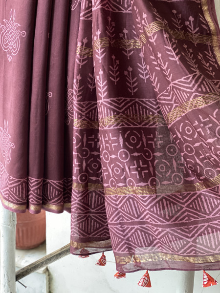 CHERRY HAND BLOCK PRINT CHANDERI SILK COTTON SARI