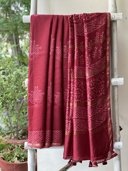 MAROON HAND BLOCK PRINT CHANDERI SILK COTTON SARI