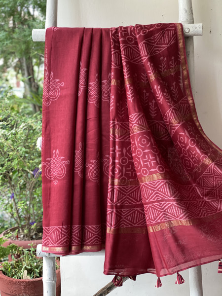 MAROON HAND BLOCK PRINT CHANDERI SILK COTTON SARI