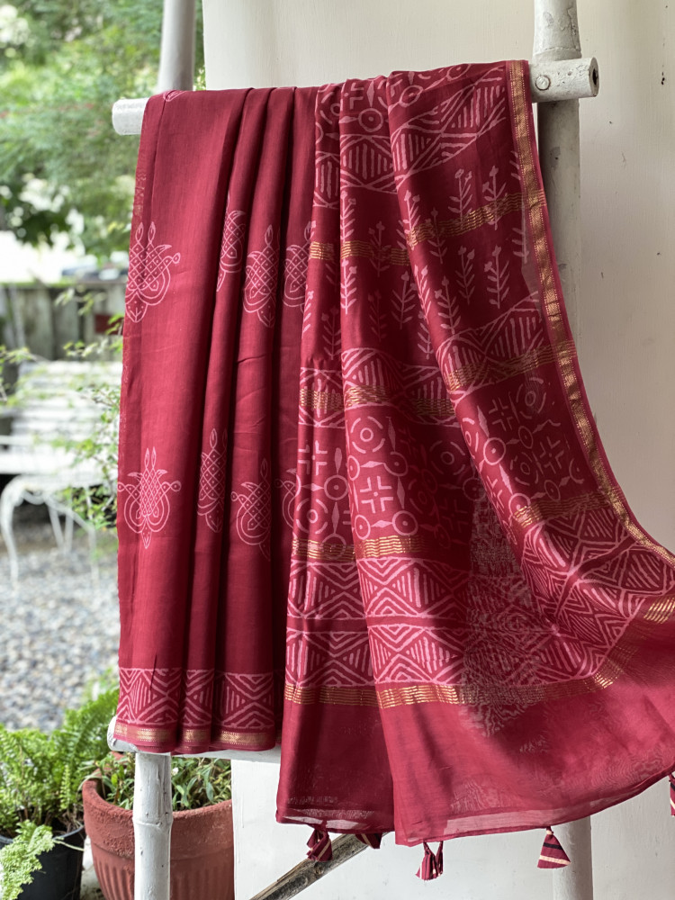 Image of MAROON HAND BLOCK PRINT CHANDERI SILK COTTON SARI