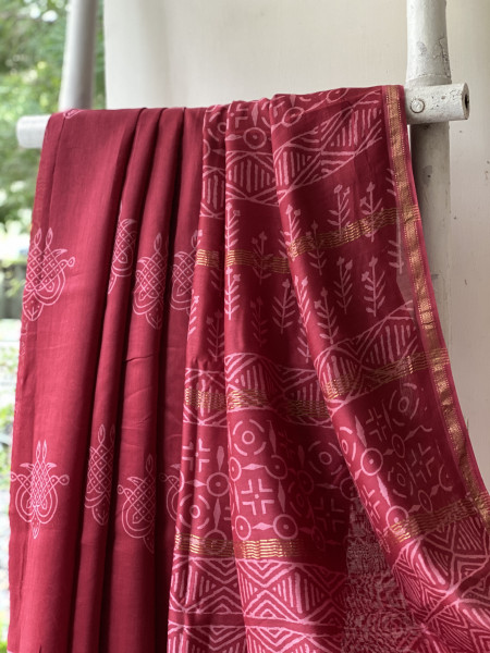 MAROON HAND BLOCK PRINT CHANDERI SILK COTTON SARI