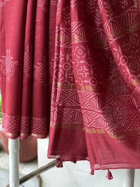 MAROON HAND BLOCK PRINT CHANDERI SILK COTTON SARI