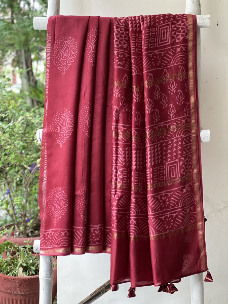 MAROON HAND BLOCK PRINT CHANDERI SILK COTTON SARI