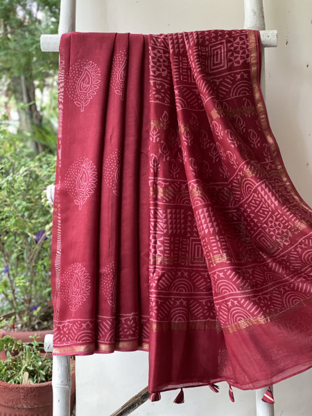 MAROON HAND BLOCK PRINT CHANDERI SILK COTTON SARI