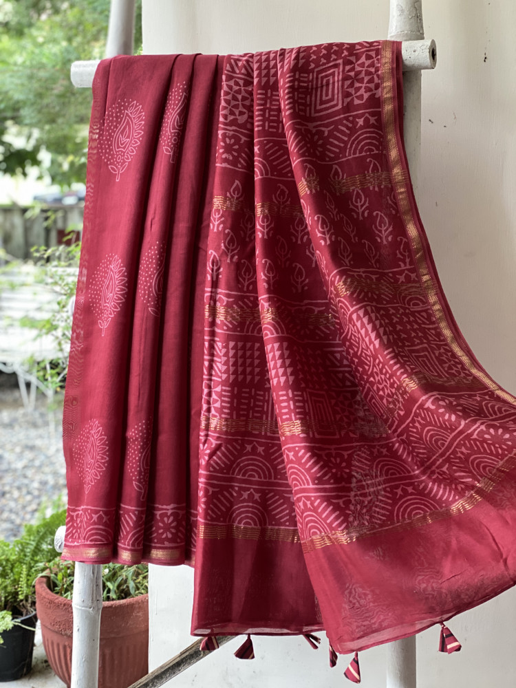 Image of MAROON HAND BLOCK PRINT CHANDERI SILK COTTON SARI