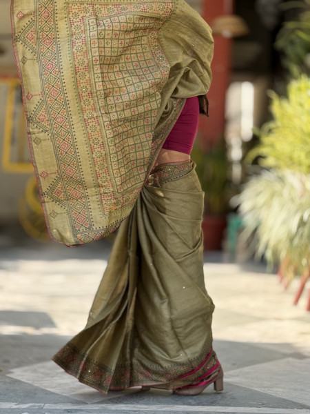 MEHNDI GREEN TUSSAR SILK EMBROIDERED SARI
