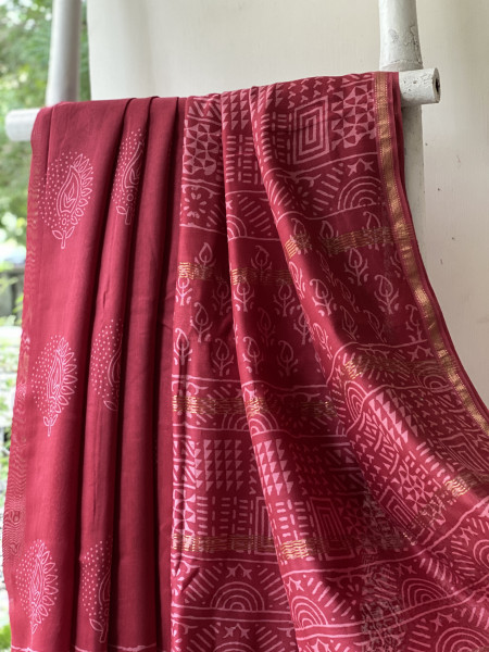 MAROON HAND BLOCK PRINT CHANDERI SILK COTTON SARI