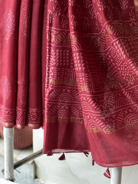 MAROON HAND BLOCK PRINT CHANDERI SILK COTTON SARI