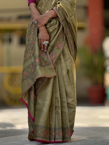 MEHNDI GREEN TUSSAR SILK EMBROIDERED SARI