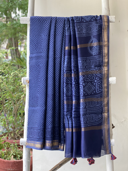 INDIGO HAND BLOCK PRINT CHANDERI SILK COTTON SARI