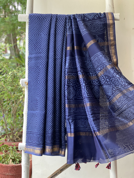 INDIGO HAND BLOCK PRINT CHANDERI SILK COTTON SARI