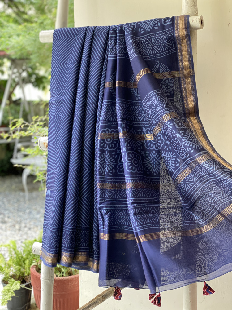 Image of INDIGO HAND BLOCK PRINT CHANDERI SILK COTTON SARI