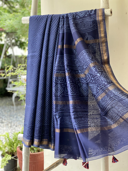 INDIGO HAND BLOCK PRINT CHANDERI SILK COTTON SARI