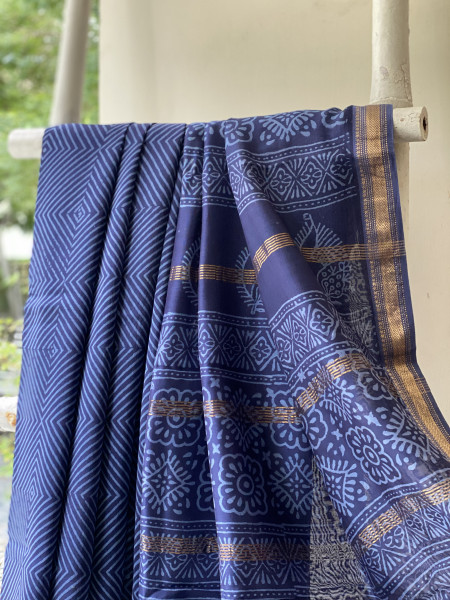 INDIGO HAND BLOCK PRINT CHANDERI SILK COTTON SARI