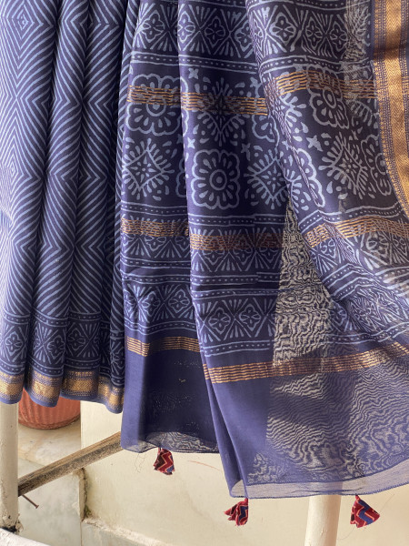 INDIGO HAND BLOCK PRINT CHANDERI SILK COTTON SARI