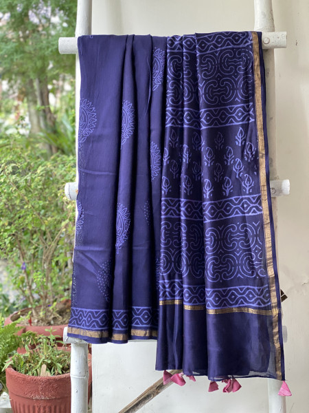 INK BLUE HAND BLOCK PRINT CHANDERI SILK COTTON SARI