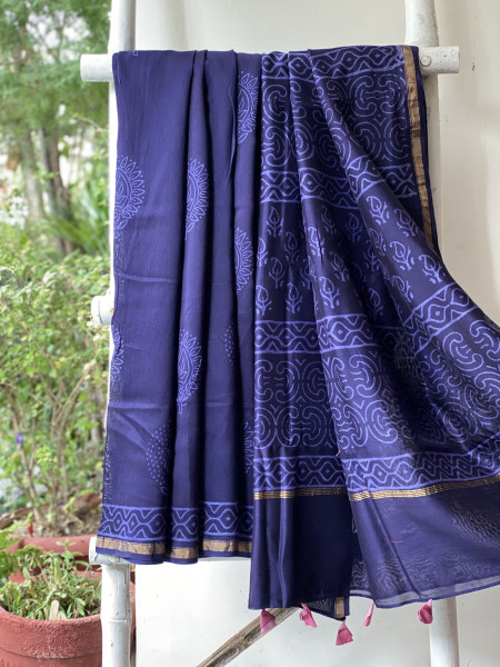 INK BLUE HAND BLOCK PRINT CHANDERI SILK COTTON SARI
