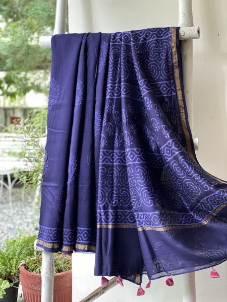 INK BLUE HAND BLOCK PRINT CHANDERI SILK COTTON SARI