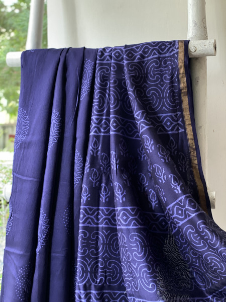 INK BLUE HAND BLOCK PRINT CHANDERI SILK COTTON SARI