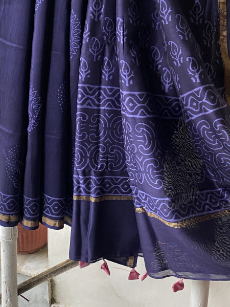 INK BLUE HAND BLOCK PRINT CHANDERI SILK COTTON SARI