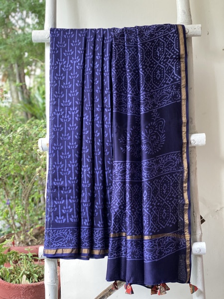 INK BLUE HAND BLOCK PRINT CHANDERI SILK COTTON SARI