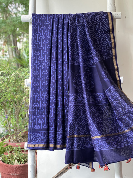 INK BLUE HAND BLOCK PRINT CHANDERI SILK COTTON SARI