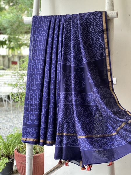 INK BLUE HAND BLOCK PRINT CHANDERI SILK COTTON SARI