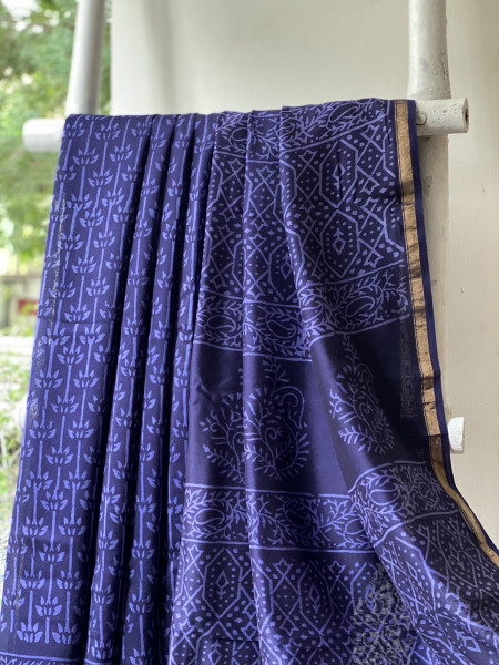 INK BLUE HAND BLOCK PRINT CHANDERI SILK COTTON SARI
