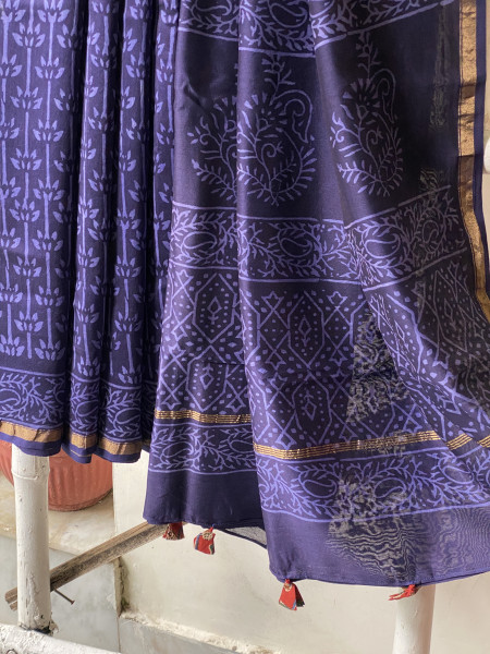 INK BLUE HAND BLOCK PRINT CHANDERI SILK COTTON SARI