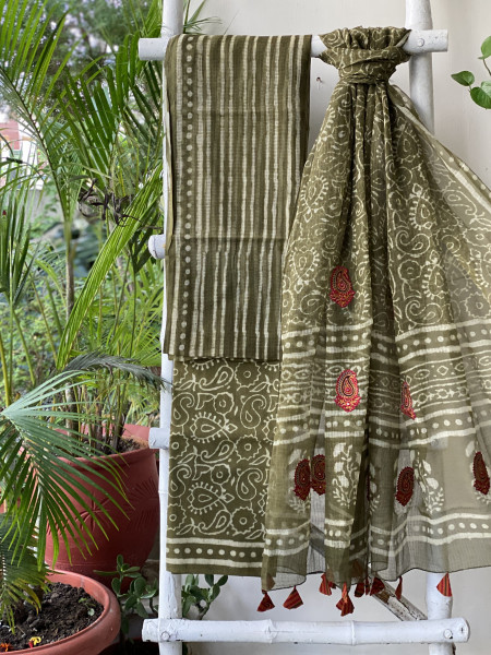 MEHNDI GREEN HAND BLOCK PRINT KOTA  EMBROIDERED DUPATTA SET