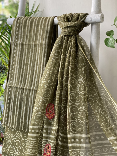 MEHNDI GREEN HAND BLOCK PRINT KOTA  EMBROIDERED DUPATTA SET